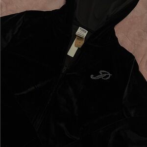 PINK Victoria's Secret Black Velour Rhinestone Logo Zip Hoodie